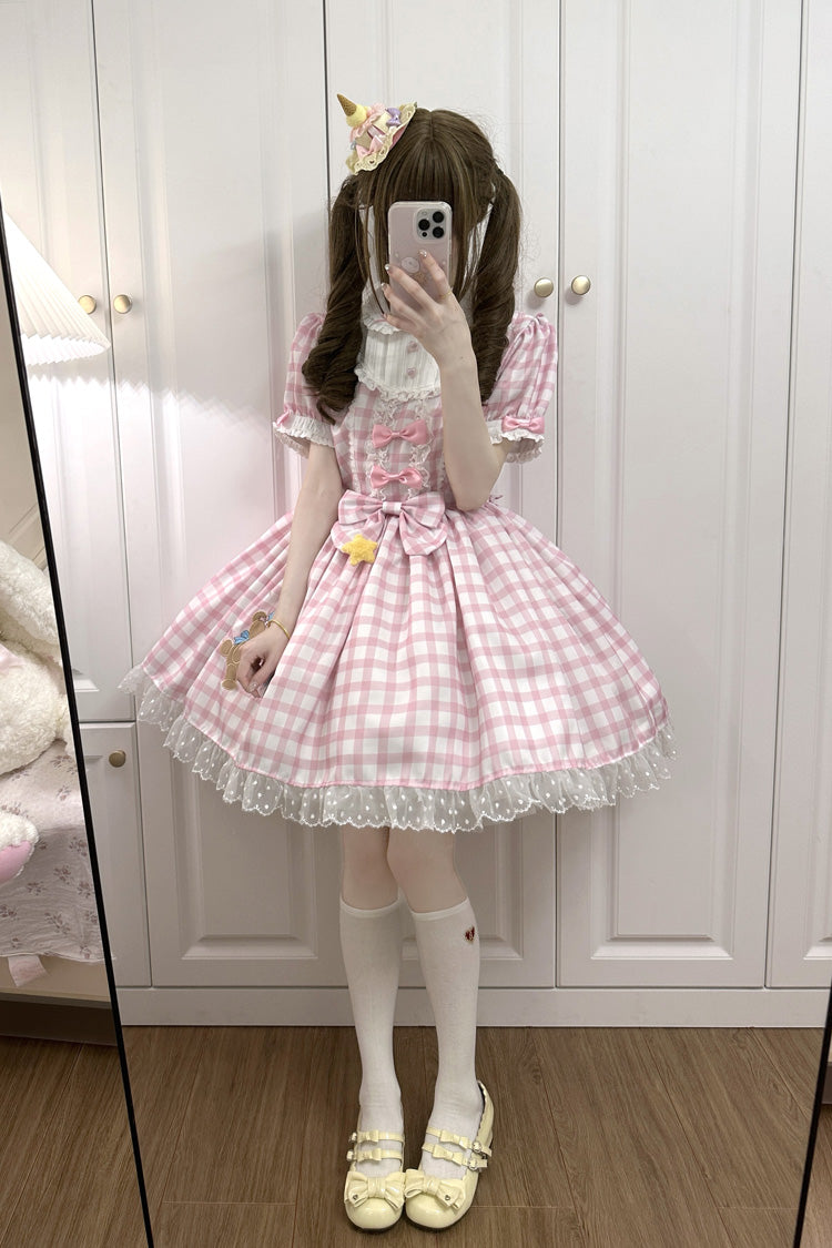 Pink Rabbit & Bear Plaid Print Short Sleeves Ruffle Embroidery Bowknot Lace Sweet Lolita Dress