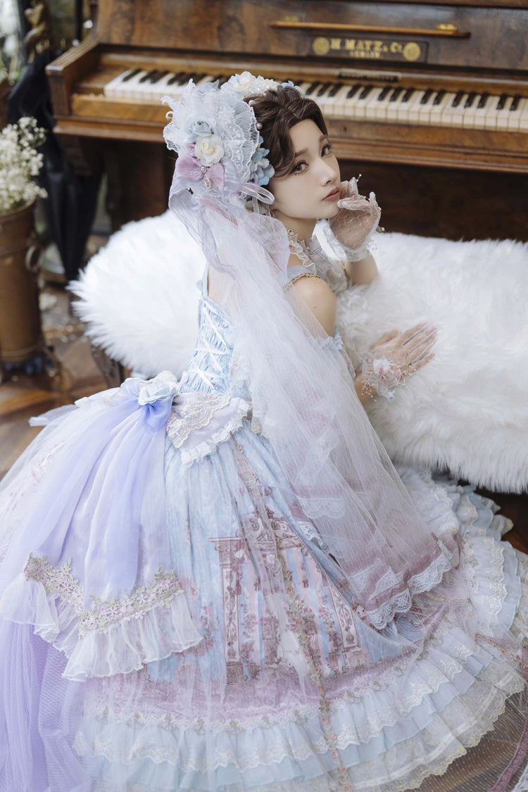 Blue Moonlight Melody Off Shoulder Sleeveless Multi-Layered Hanayome Open-Front Bow Lace Sweet Gorgeous Lolita Jsk Dress Set