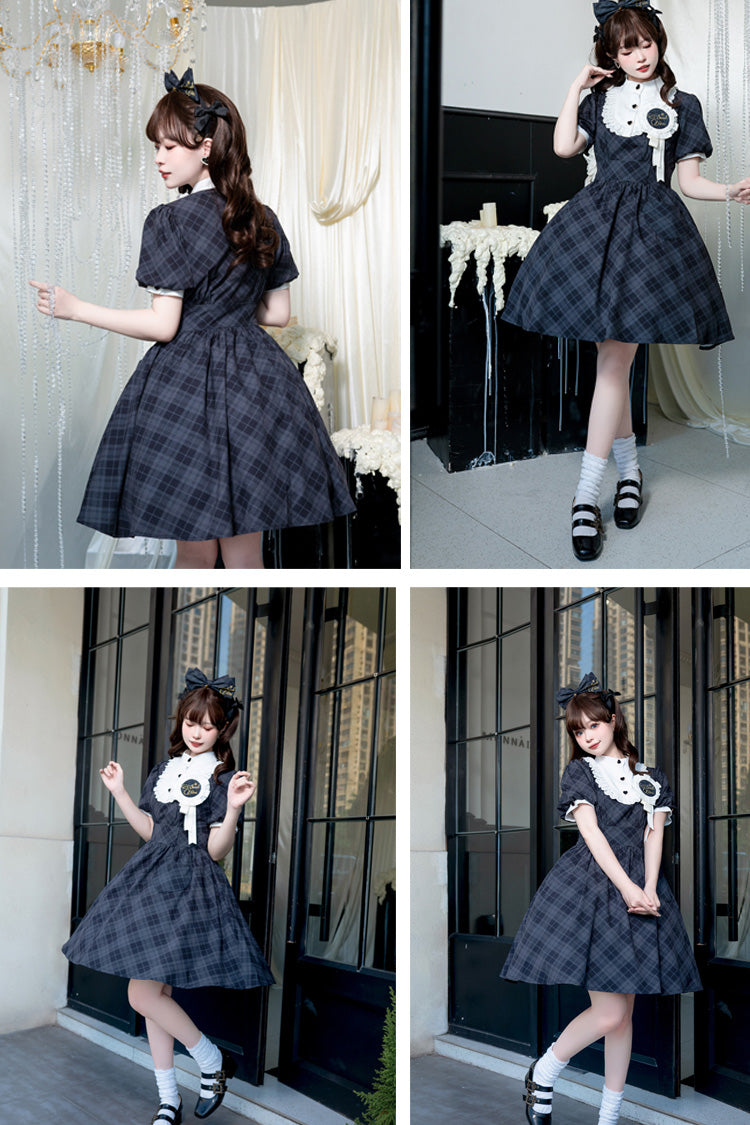 Showa Girls Summer Plaid Print Daily Short Sleeves Classic Princess Lolita Dress 2 Colors