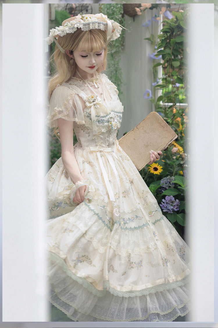 Multi-Color Daisy Poetry Print Ruffle Hollow Embroidery Lace Sweet Elegant Princess Lolita Jsk Dress