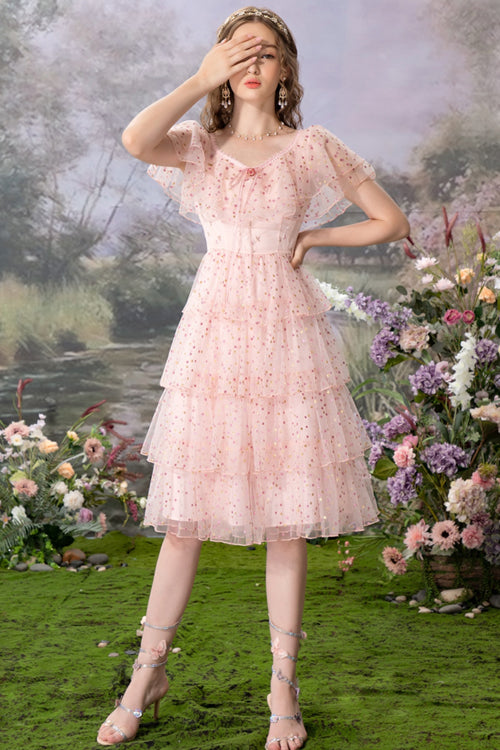 Pink Round Collar Ruffled Short Sleeves Polka Dot Print Sweet Lolita Tiered Dress