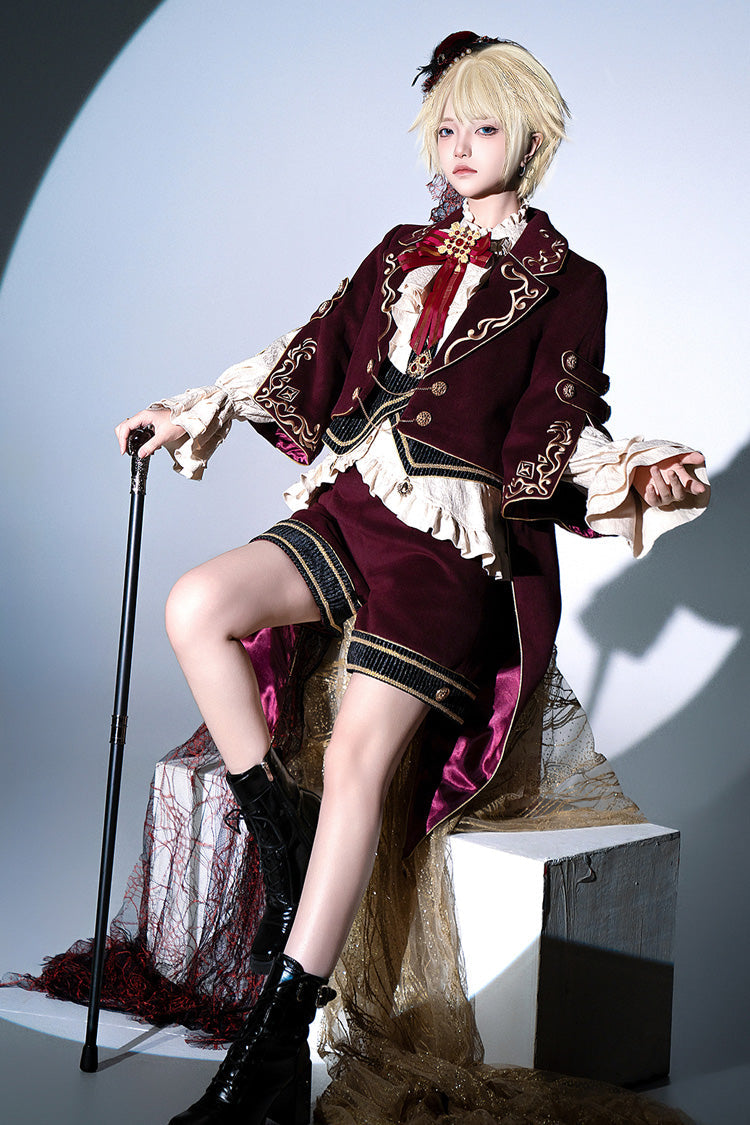 Red Royal Heir Embroidery Classic Military Gorgeous Handsome Ouji Lolita Coat Blouse Shorts Set