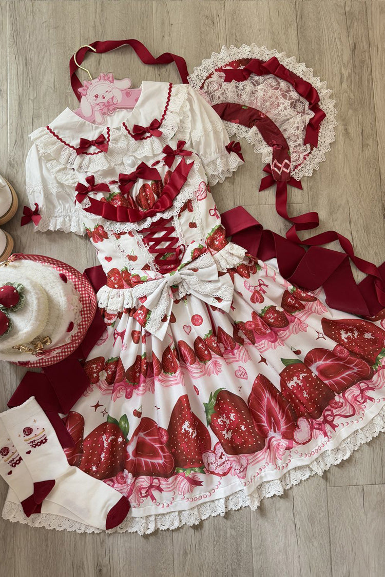 Sweet Berry Tale Strawberry Print Ruffle Bowknot Lace Sweet Lolita Jsk Dress 4 Colors
