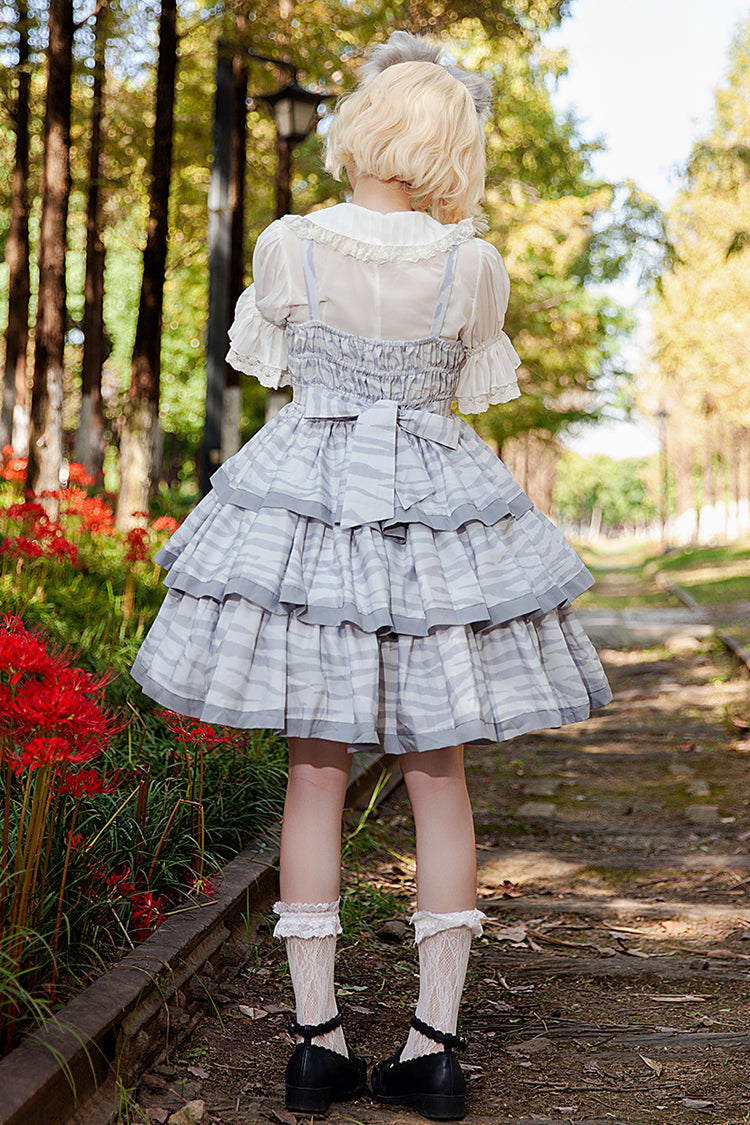 Grey Cloth Cat Triple-Layered Print Ruffle Bowknot Sweet Lolita Dress