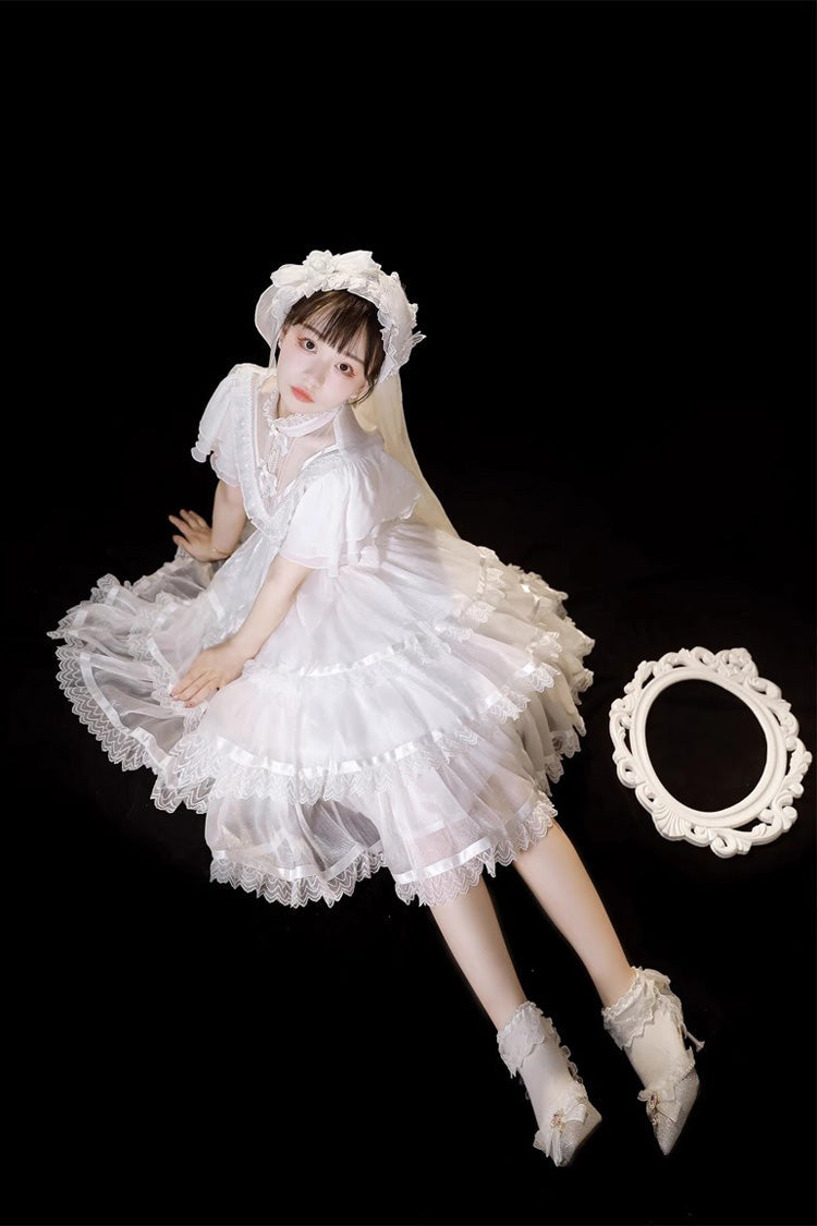White Castle Night High Waisted Ruffled Hanayome Gothic Lolita Tiered Dress