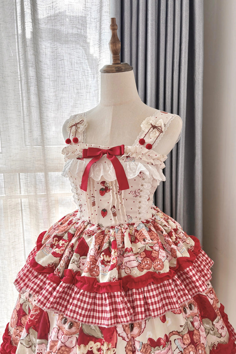 Red Strawberry Bear Sleeveless Double-Layered Print Ruffle Bowknot Sweet Princess Lolita Jsk Dress