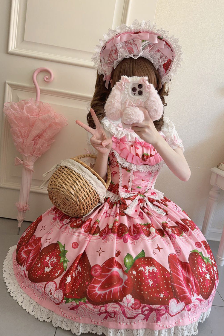 Sweet Berry Tale Strawberry Print Ruffle Bowknot Lace Sweet Lolita Jsk Dress 4 Colors