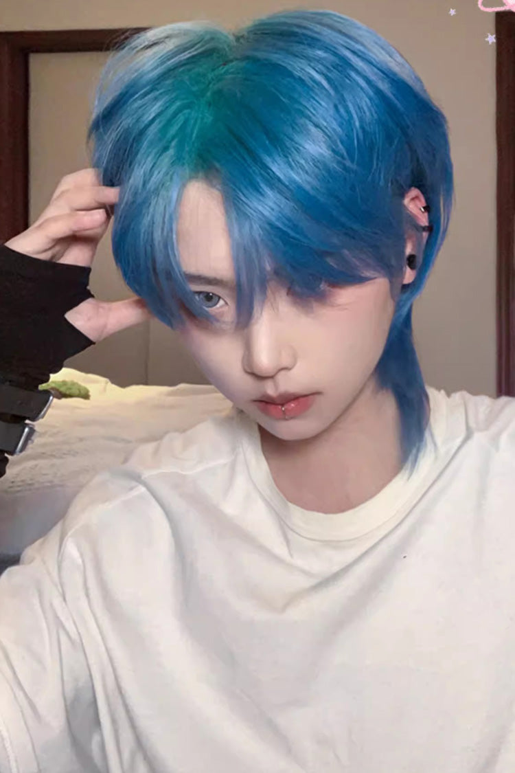 Blue/Green Gradient Natural Short Hair Medium Haircut Ouji Wig