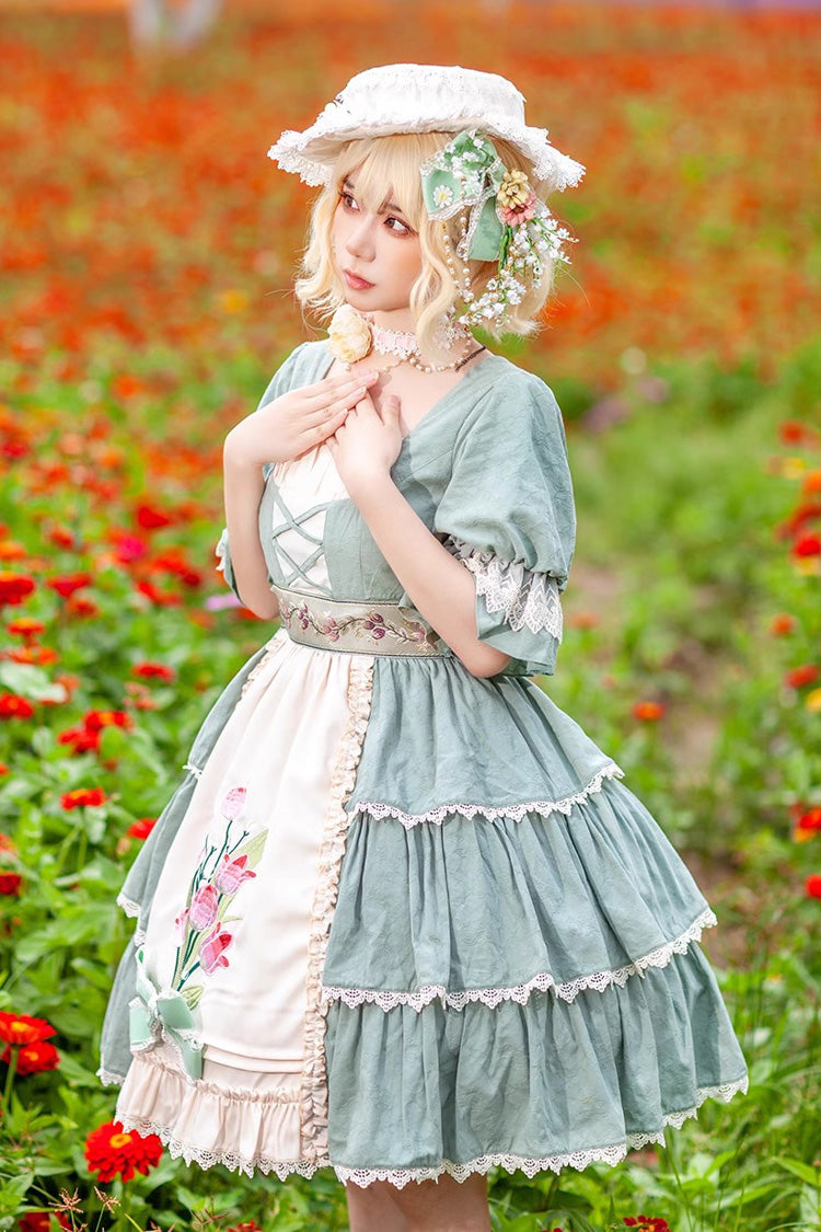 Tulip Print Embroidery Short Sleeves Multi-layer Sweet Elegant Lolita Jsk Dress 3 Colors