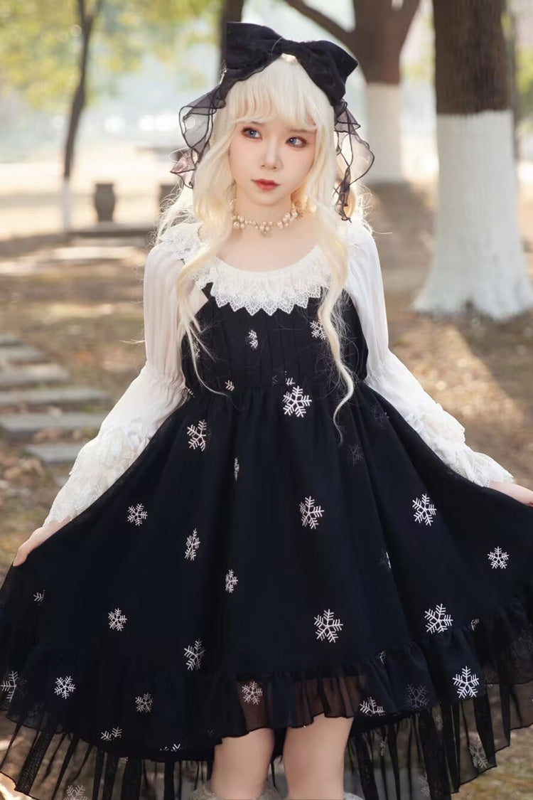 Feather Snowflake Embroidery Print Sleeveless Ruffle Bowknot Sweet Lolita Jsk Dress 3 Colors