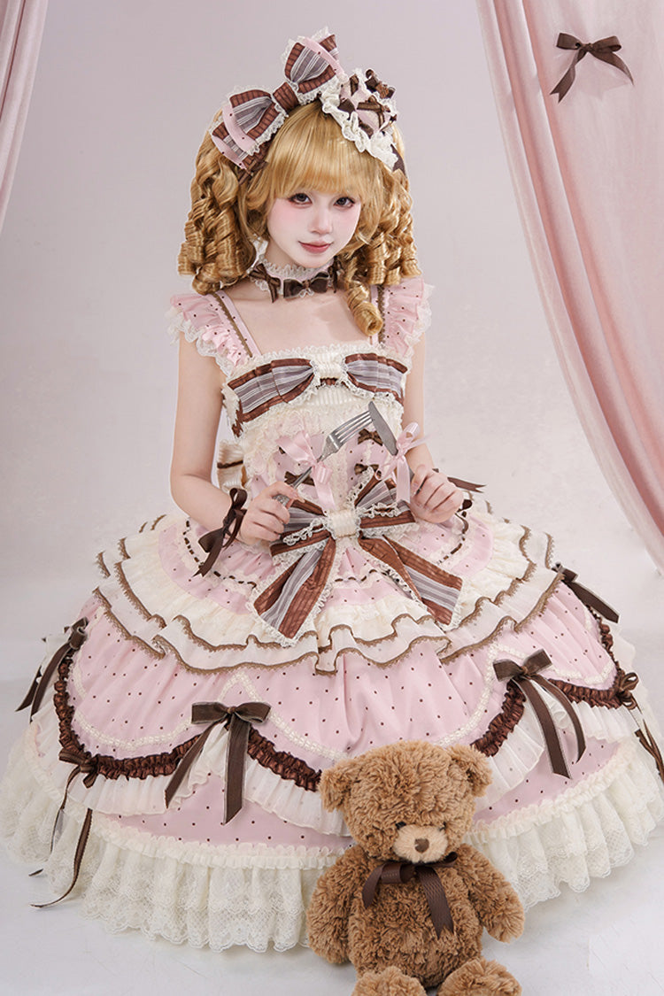 Pink Shengqiao Tata Sleeveless Print Ruffle Bowknot Lace-Up Sweet Elegant Lolita Jsk Dress