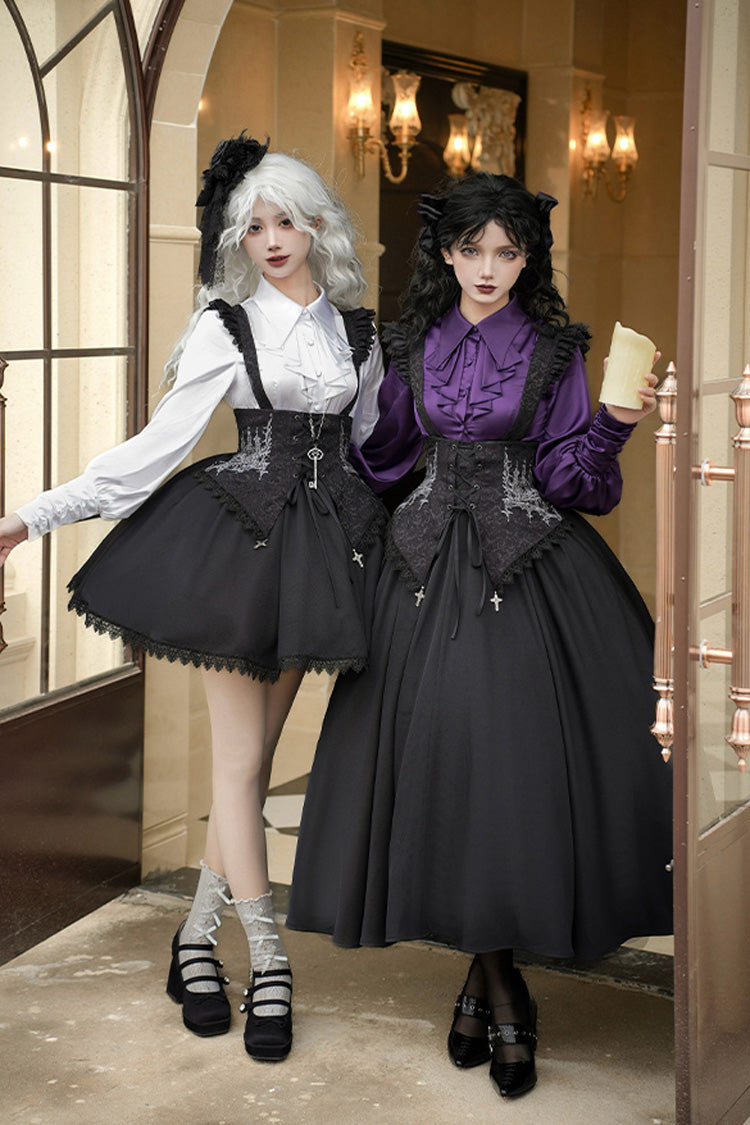 Black Night of Thorns Sleeveless Embroidery Lace-Up Gothic Lolita Strap Breast Support Dress 2 Versions