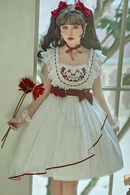 White Square Collar Ruffled Strap Waist Bow Sweet Lolita JSK Dress