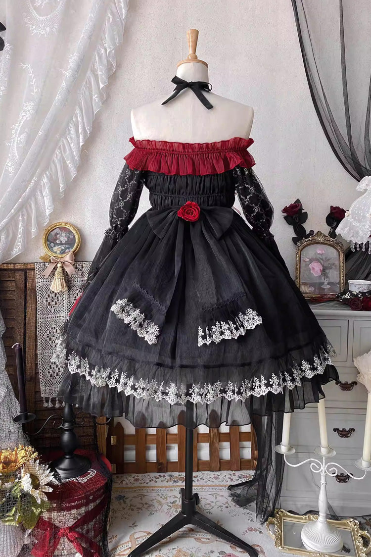 Black/Red Perlia's Night Long Puff Sleeves Ruffled Open-Front Bow Lace Gothic Lolita Dress