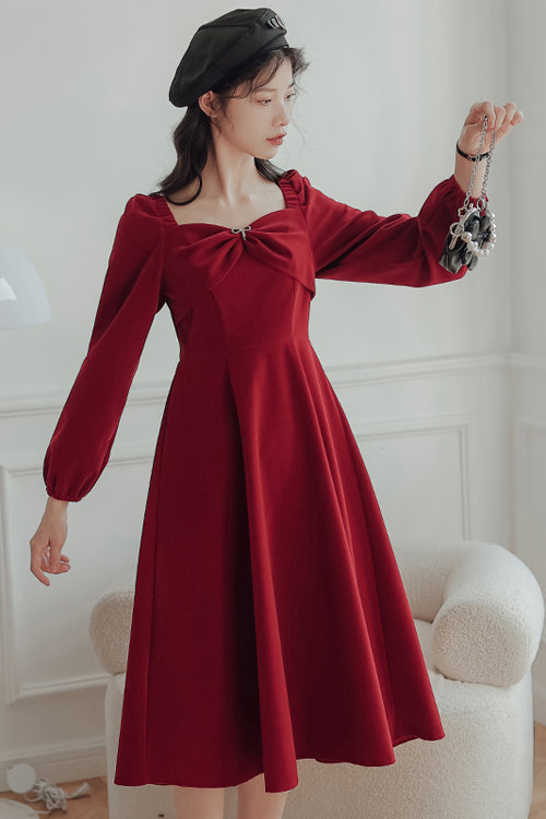Red French Hepburn Velvet Square Collar Long Sleeves High Waisted Sweet Lolita OP Dress