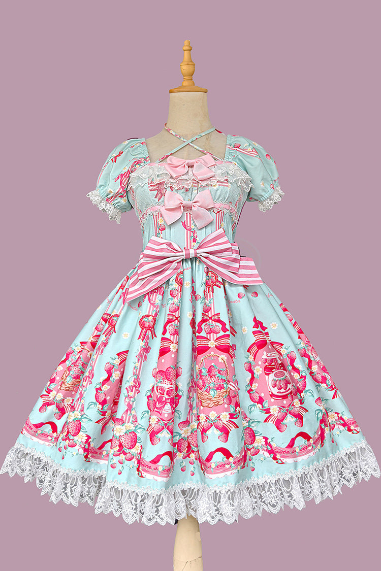 Strawberry Chef Short Sleeves Print Bowknot Lace Sweet Lolita Dress 4 Colors