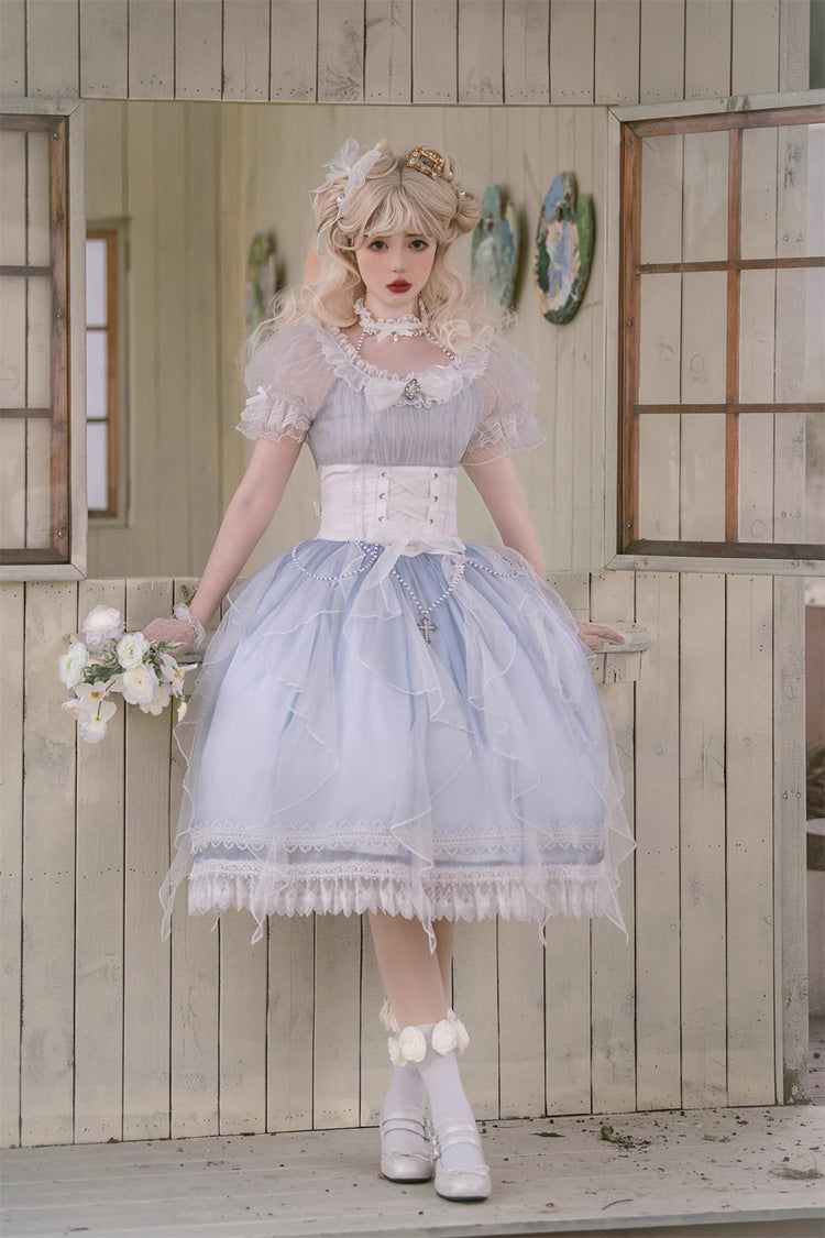 Blue Round Collar Mermaid Tears Short Sleeves Bowknot Sweet Princess Lolita Dress