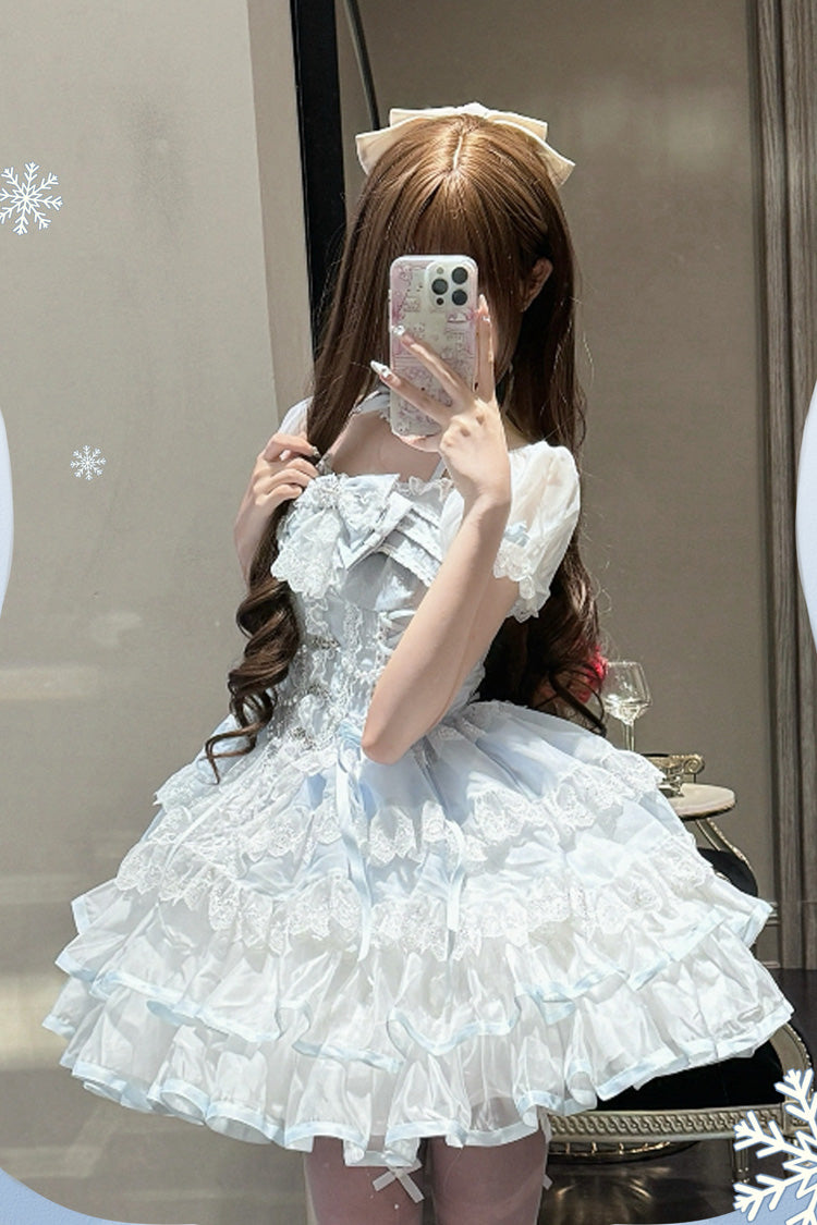 White/Blue Ice Dance Short Sleeves Multi-Layered Ruffle Embroidery Bowknot Lace Sweet Lolita Dress