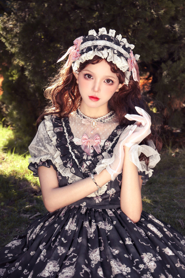 Daydream Rose Short Sleeves Floral Jacquard Print Ruffle Embroidery Bowknot Sweet Lolita Dress 3 Colors