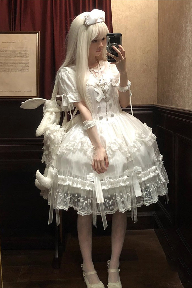 White Short Sleeves Ruffle Bowknot Lace Gothic Elegant Lolita Dress