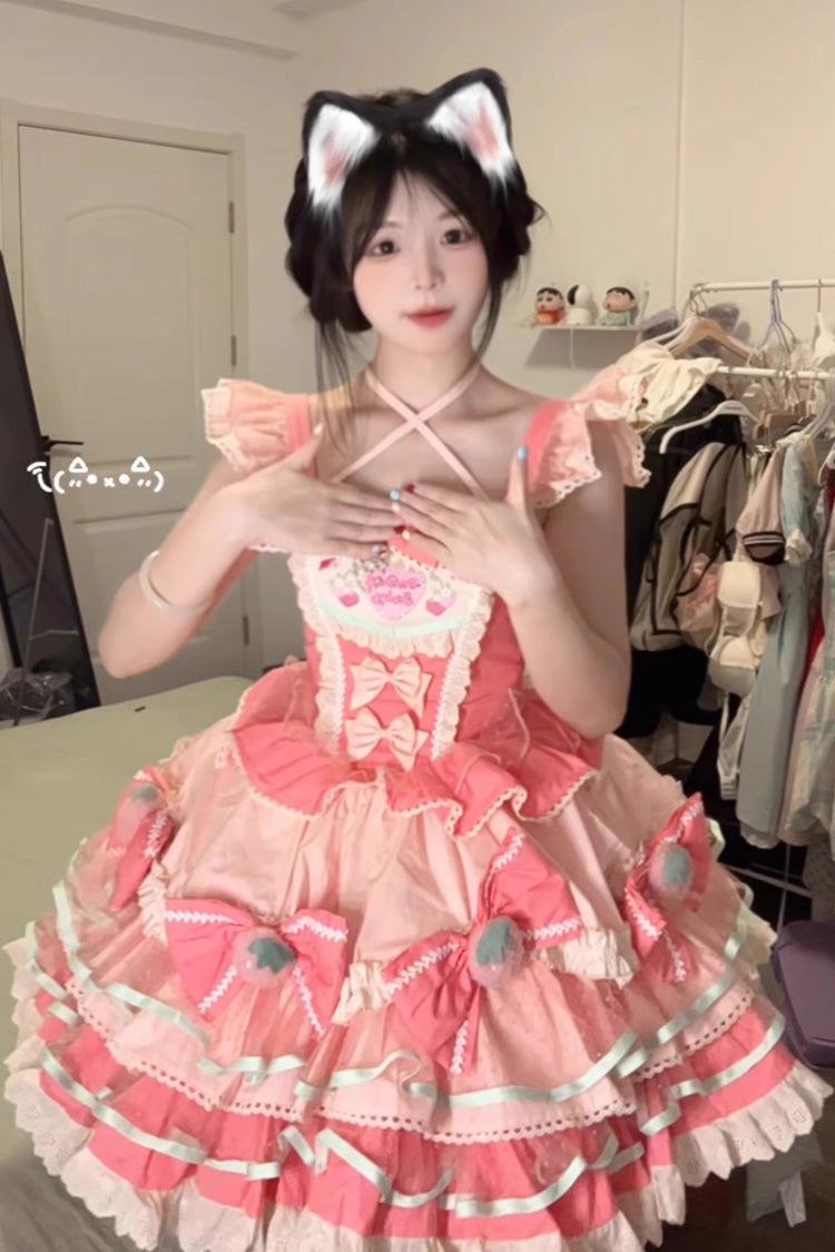 Pink Multi-Layered Cream Strawberries Print Ruffle Bowknot Sweet Lolita Tiered Dress