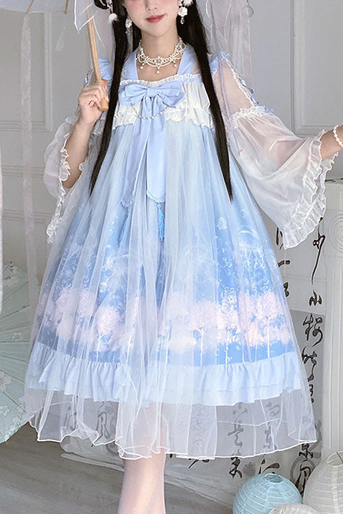 Blue Marine Jellyfish Print Bowknot Long Sleeves Ruffled Chinese Style Sweet Lolita Dress