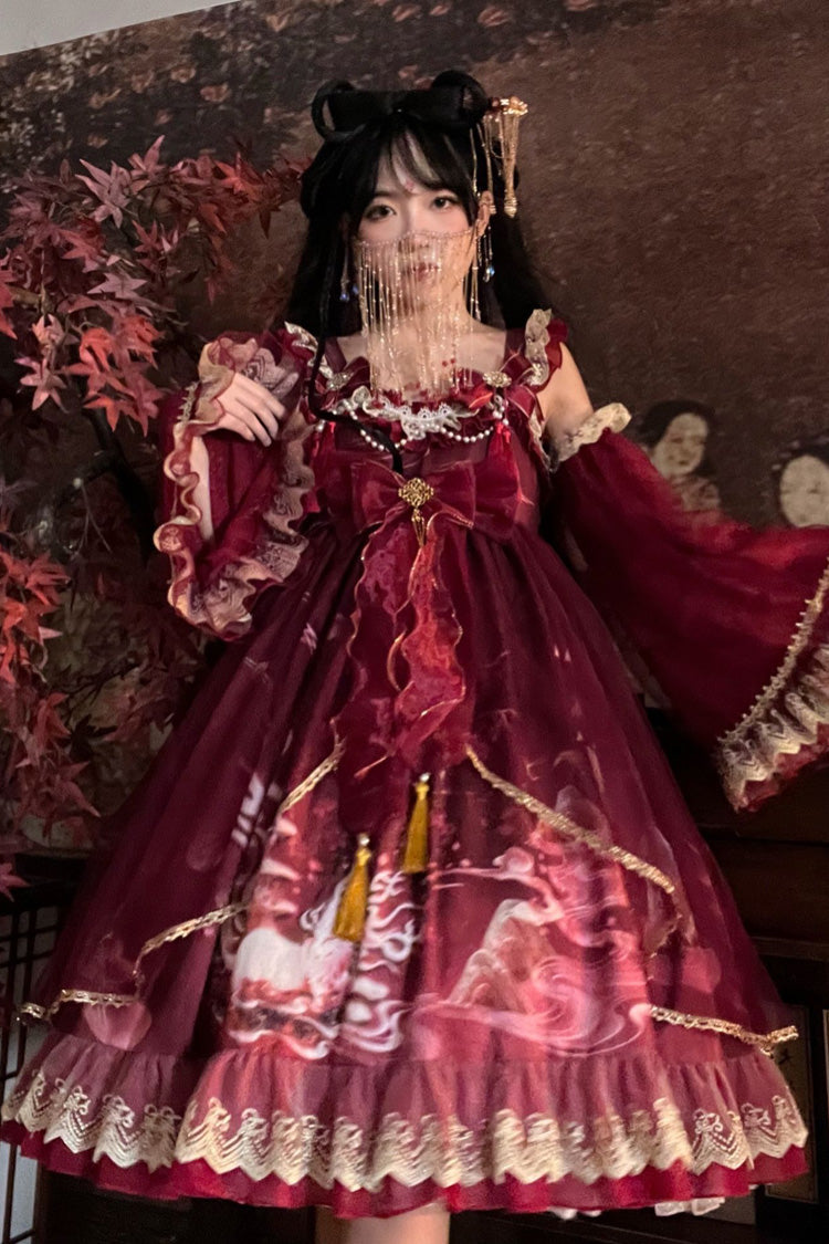 Nine-tailed fox Print Ruffle Bowknot Classic Chinese Style Princess Lolita Jsk Dress 2 Colors