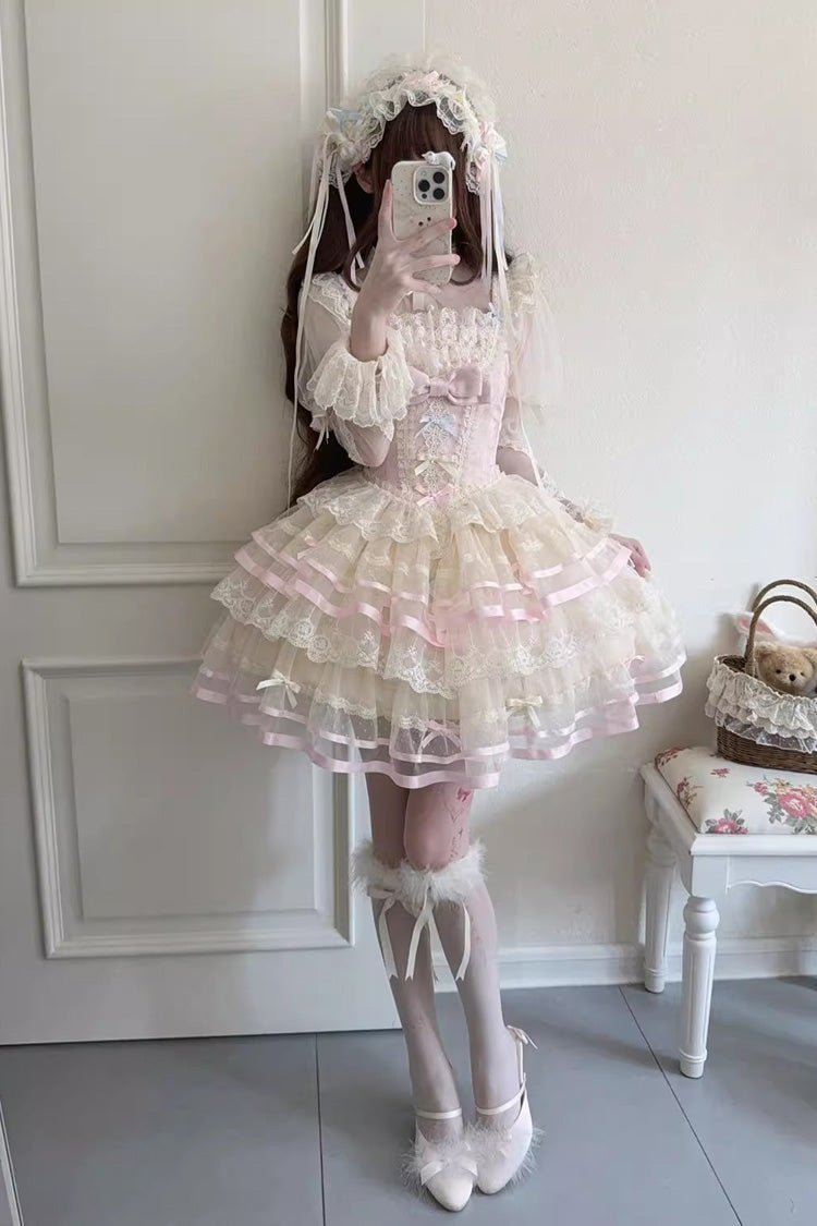 Pink Butterfly Heart Ballet Triple-Layered Ruffle Bowknot Lace Sweet Ballet Lolita Jsk Dress