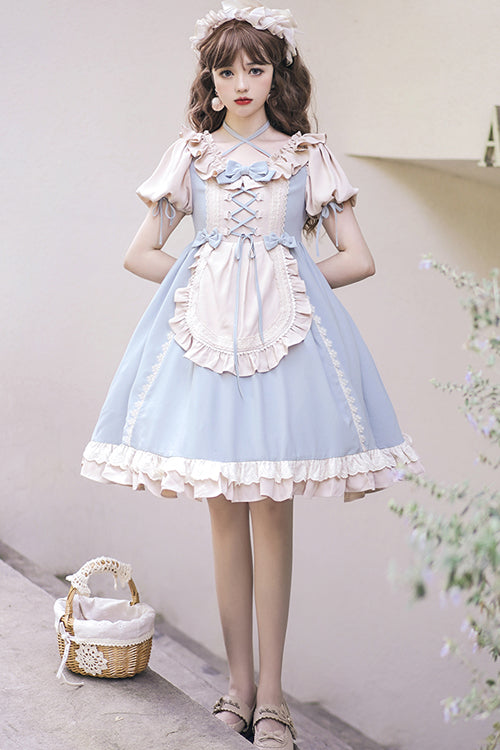 Round Collar Puff Doll Short Sleeves High Waist Bowknot Sweet Lolita Op Dress