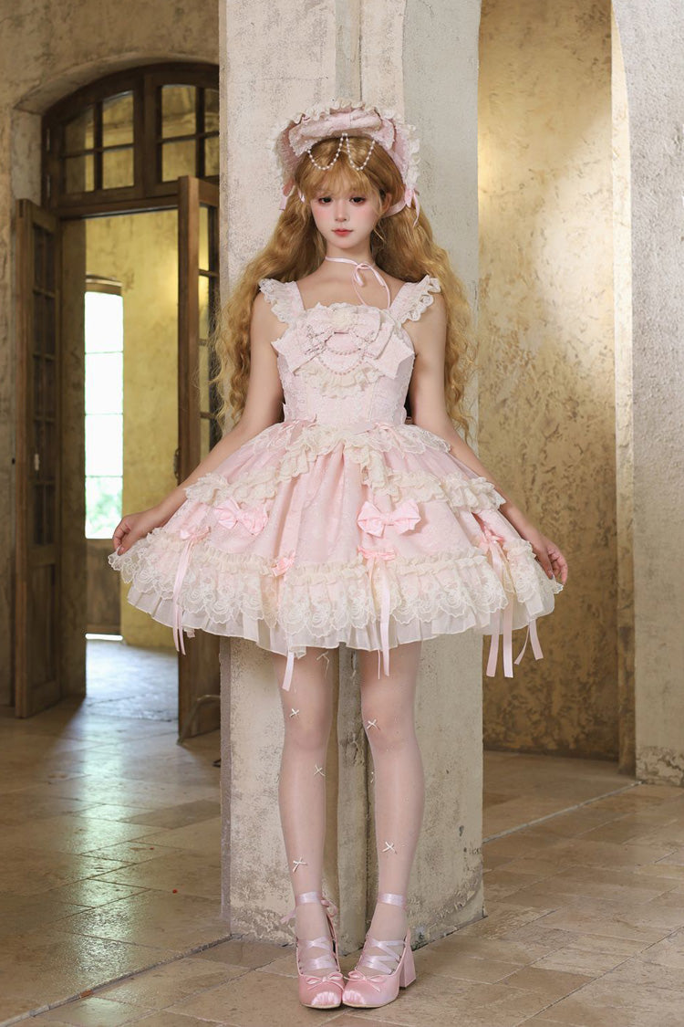 Pink Blossoming Heart Love  Sleeveless Dark Jacquard Print Bowknot Lace Sweet Lolita Jsk Dress