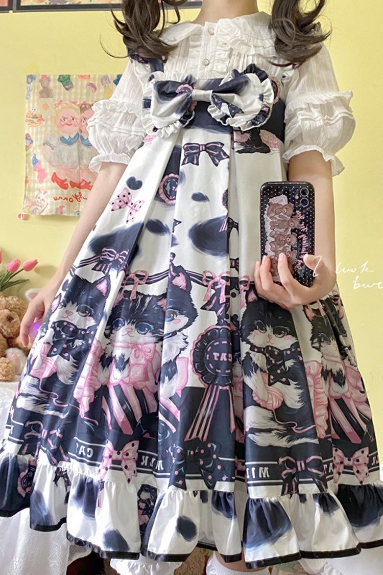 Multi-Color Cow Cat Print Ruffle Bowknot Sweet Lolita Jsk Dress