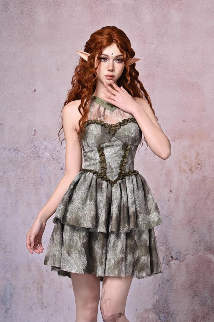 Light Green Halterneck Double-Layered Print Ruffle Lace Tie-dyed Vintage Jsk Dress