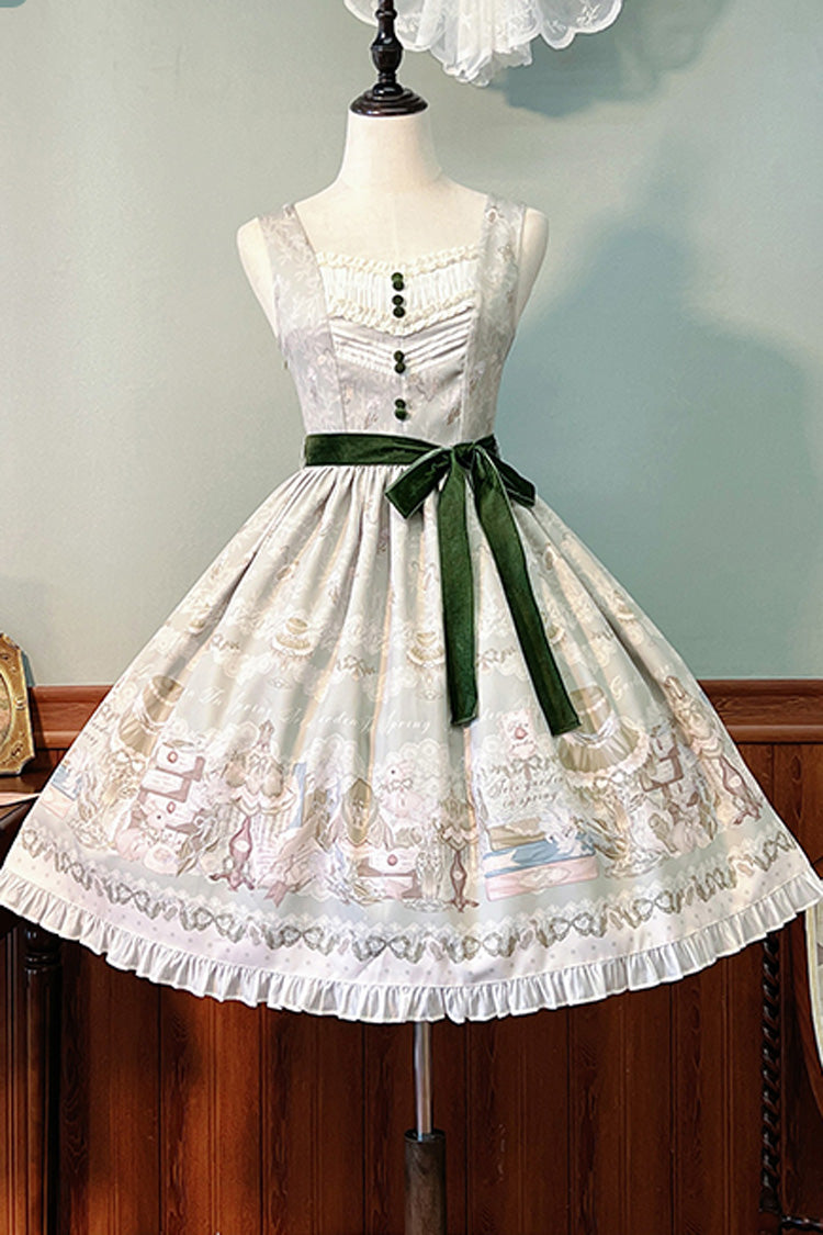 Iris Study V Collar Sleeveless Print Bowknot Lace Sweet Lolita Jumper Dress 2 Colors