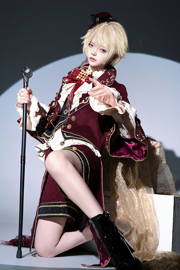 Red Royal Heir Embroidery Classic Military Gorgeous Handsome Ouji Lolita Coat Blouse Shorts Set