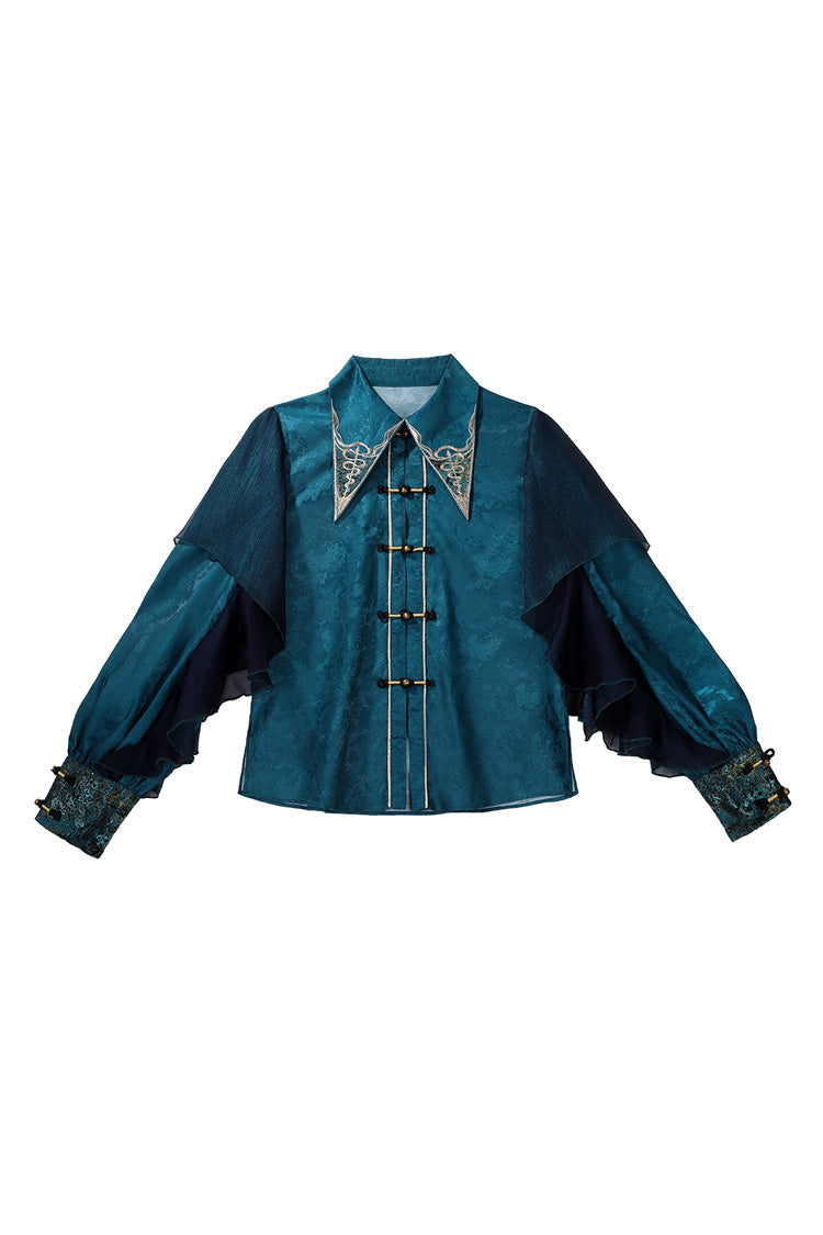 Black/Green Round Collar Long Sleeves Ruffle Embroidery Chinese Style Vintage Handsome Ouji Lolita Set