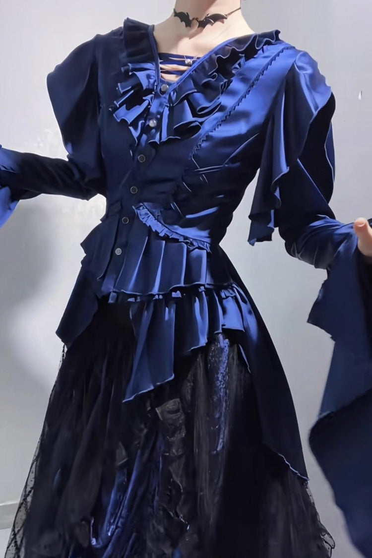 Echoes of the Deep Sea Long Hime Sleeves Ruffled Bow Lace-Up Gothic Ouji Lolita Blouse 4 Colors