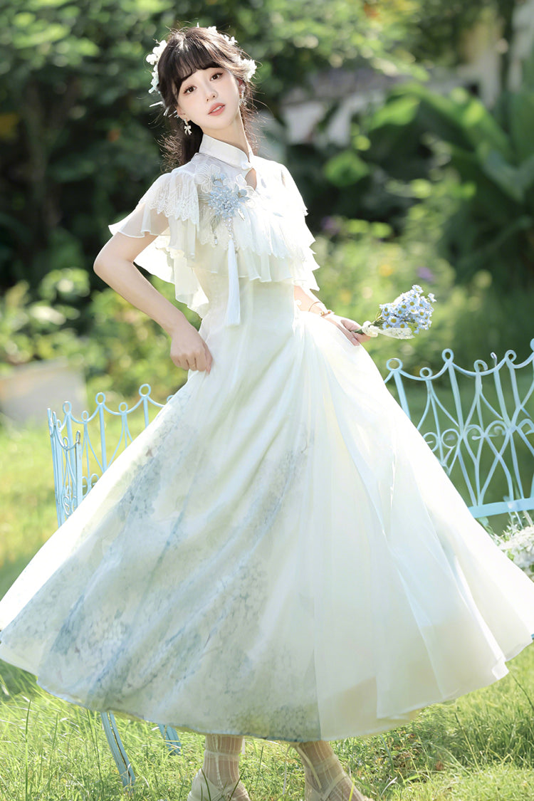 White Hydrangea Message Short Sleeves Print Ruffle Lace Sweet Chinese Style Elegant Lolita Dress