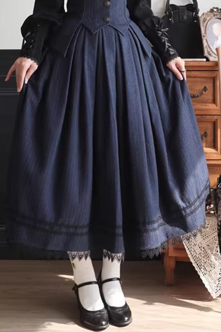 Blue Griffin's Pact Striped Printed Ruffled Gothic Lolita Skirt Vest Set