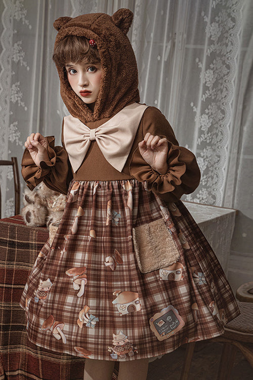 Brown Chest Big Bow Lantern Sleeves Mushroom Print With Sweet Lolita OP Dress