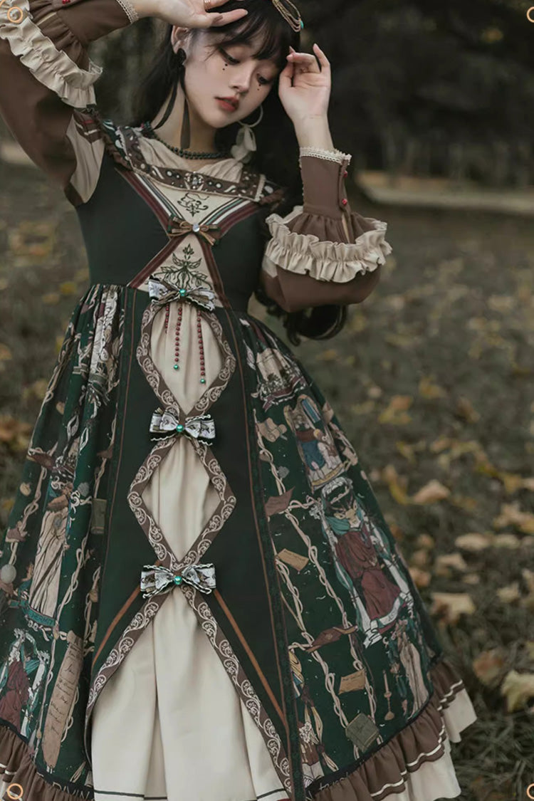 Dark Green Tarot Print Long Puff Sleeves Ruffle Bowknot Ripped Sweet Elegant Lolita Dress