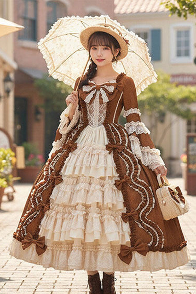Sweet Long Sleeves Multi-Layered Ruffled Open-Front Bow Lace Princess Lolita Victorian Dress 5 Colors