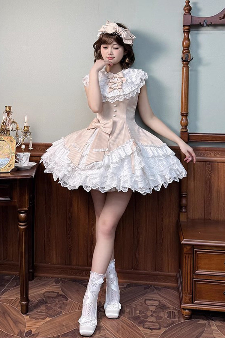 Champagne Miss Tsundere Sleeveless Multi-Layered Ruffle Bowknot Lace Asymmetric Sweet Princess Lolita Dress