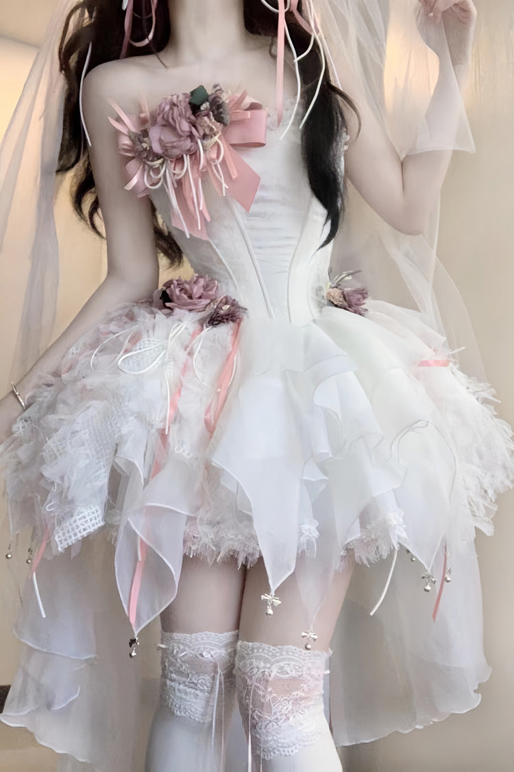 White Sleepless Poem Fishbone Bowknot Asymmetric Sweet Lolita Jsk Dress