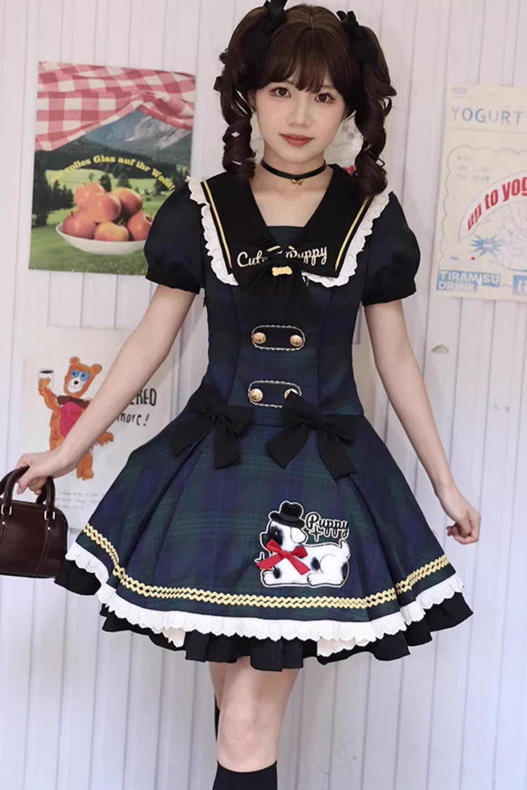 Blue Dalmatian Short Sleeves Print Ruffle Bowknot Slim Sweet Lolita Dress