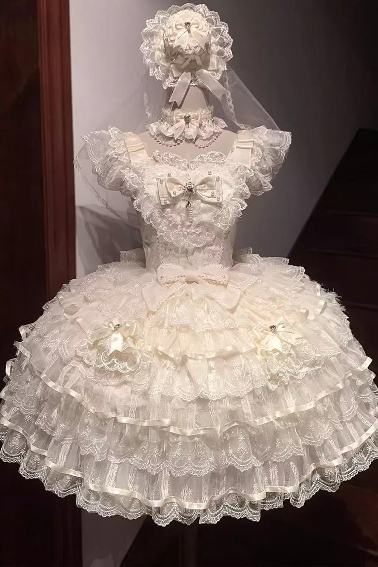 Apricot Ballad of Feathers Sleeveless Multi-Layered Ruffle Hanayome Bowknot Sweet Lolita Jsk Dress