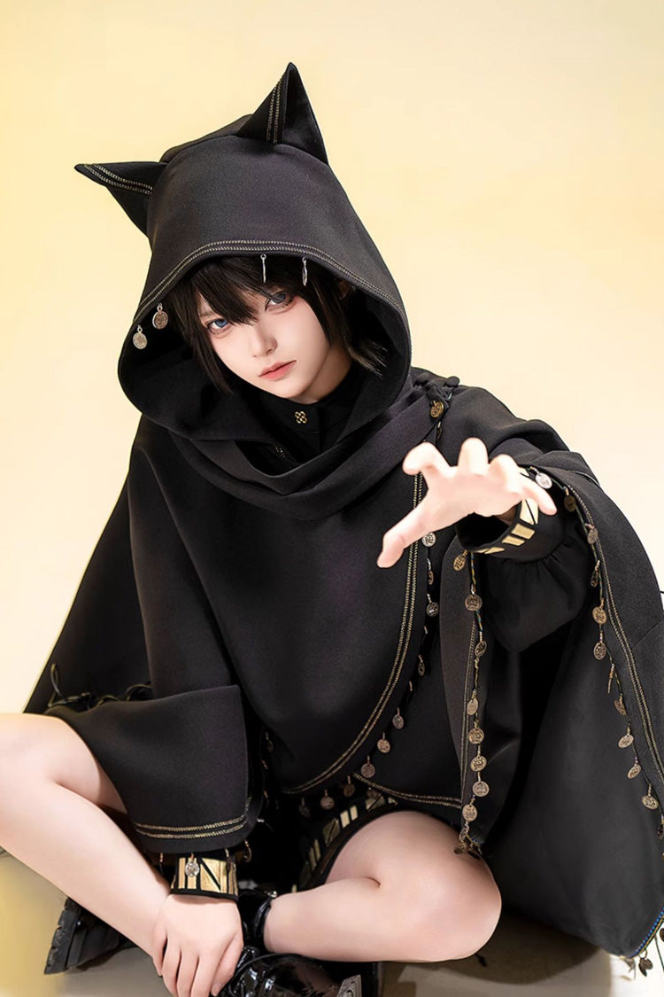 Black Black Cat Embroidery Cat Ears Hooded Ouji Gothic Prince Handsome Lolita Cloak