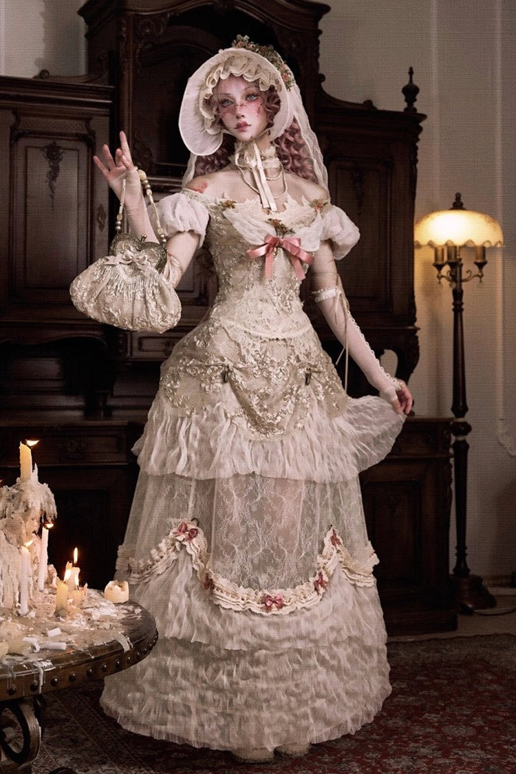 Light Brown Cupid's Poetry Box Boat Neck Short Puff Sleeves Ruffled Cut-Out Embroidered Bow Lace Gothic Elegant Lolita Skirt Dress and Top Set