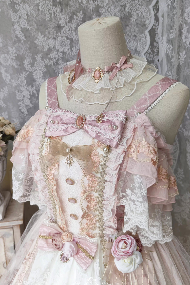 Pink Moonlight Melody Off Shoulder Sleeveless Multi-Layered Hanayome Open-Front Bow Lace Sweet Gorgeous Lolita Jsk Dress Set