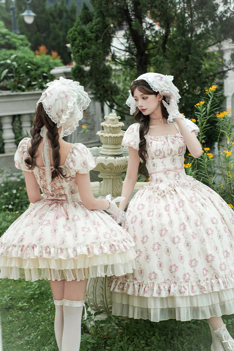 Ivory Rose After The Rain Short Sleeves Triple-Layered Print Ruffle Bowknot Lace-Up Sweet Lolita Long Dress