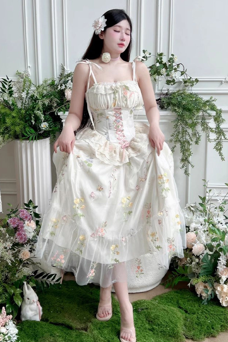 Off White Spring Bouquets Romantic Ruffle Embroidery Bowknot Mesh Sweet Lolita Jsk Dress